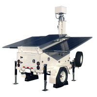 Solar powered mobile trailer with back-up generator for surveillance or lighting use.