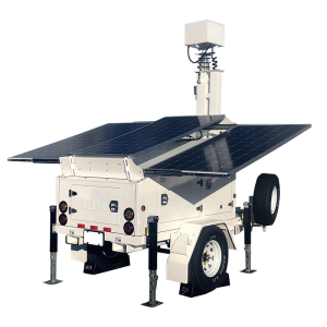 Solar powered mobile trailer with back-up generator for surveillance or lighting use.