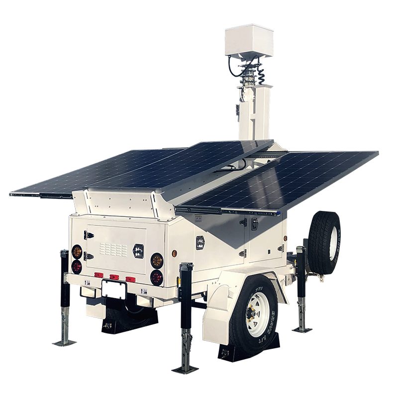 Solar powered mobile trailer with back-up generator for surveillance or lighting use.